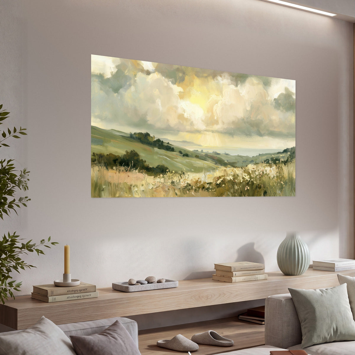 Sunlit meadow hills painting poster print in a living room above a console
