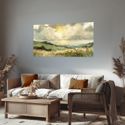 Sunlit meadow hills painting poster print in a rustic living room