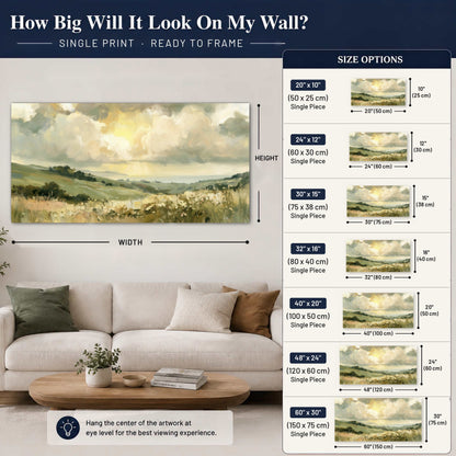 Sunlit meadow hills painting poster print size guide above a sofa