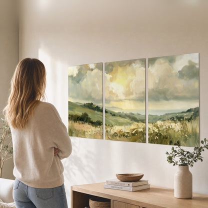 Sunlit meadow hills painting set of 3 poster prints in a living room