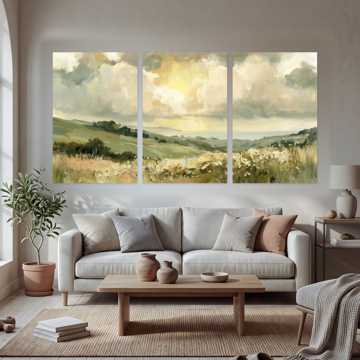 Sunlit meadow hills painting set of 3 poster prints in a bright living room