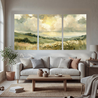Sunlit meadow hills painting set of 3 poster prints in a bright living room