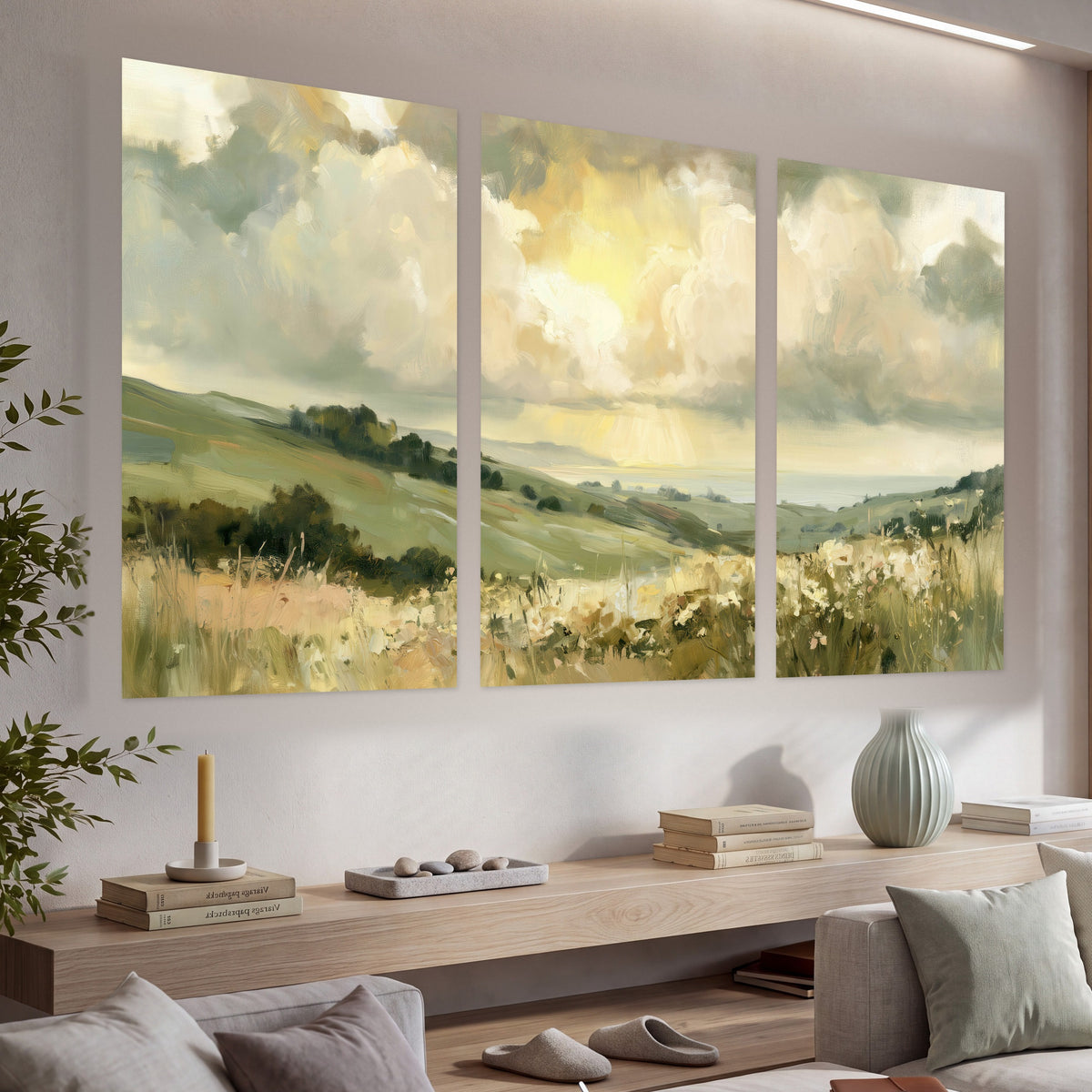 Sunlit meadow hills painting set of 3 poster prints in a living room above a console