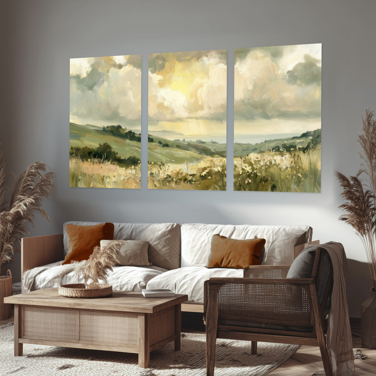 Sunlit meadow hills painting set of 3 poster prints in a rustic living room