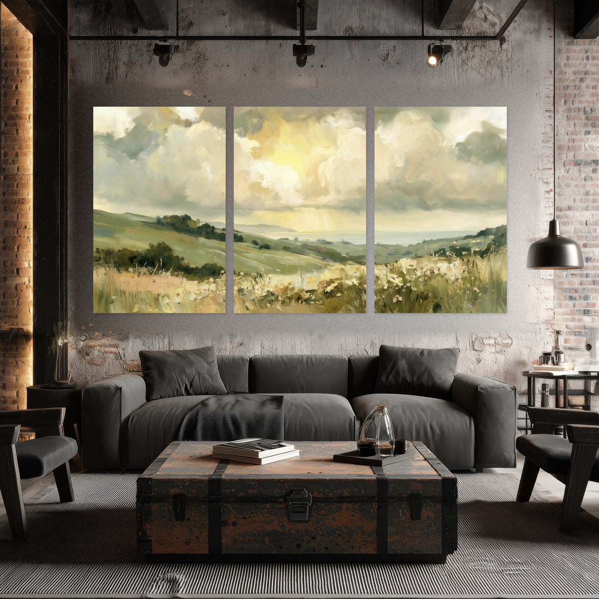 Sunlit meadow hills painting set of 3 poster prints in an industrial loft