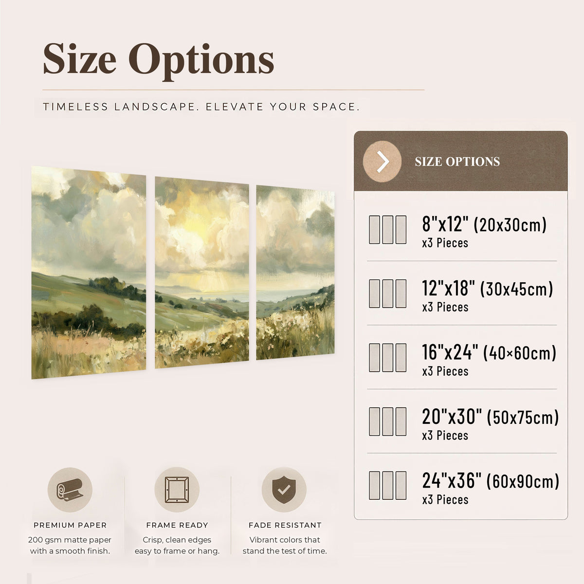 Sunlit meadow hills painting set of 3 poster prints size options