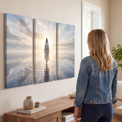Jesus walking on water painting 3 piece canvas wall art in a living room