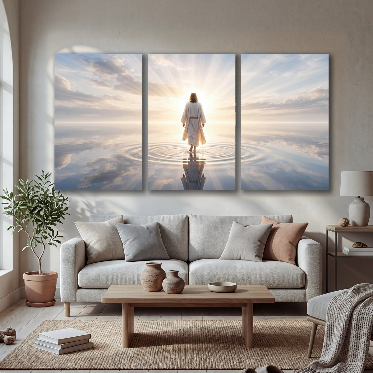 Jesus walking on water painting 3 piece canvas wall art in a bright living room