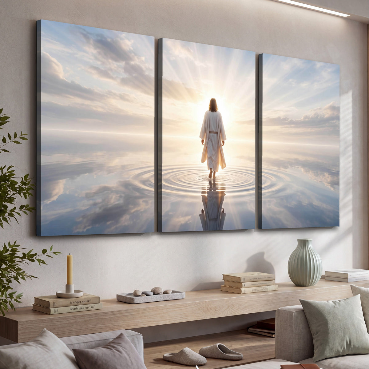 Jesus walking on water painting 3 piece canvas wall art in a living room above a console