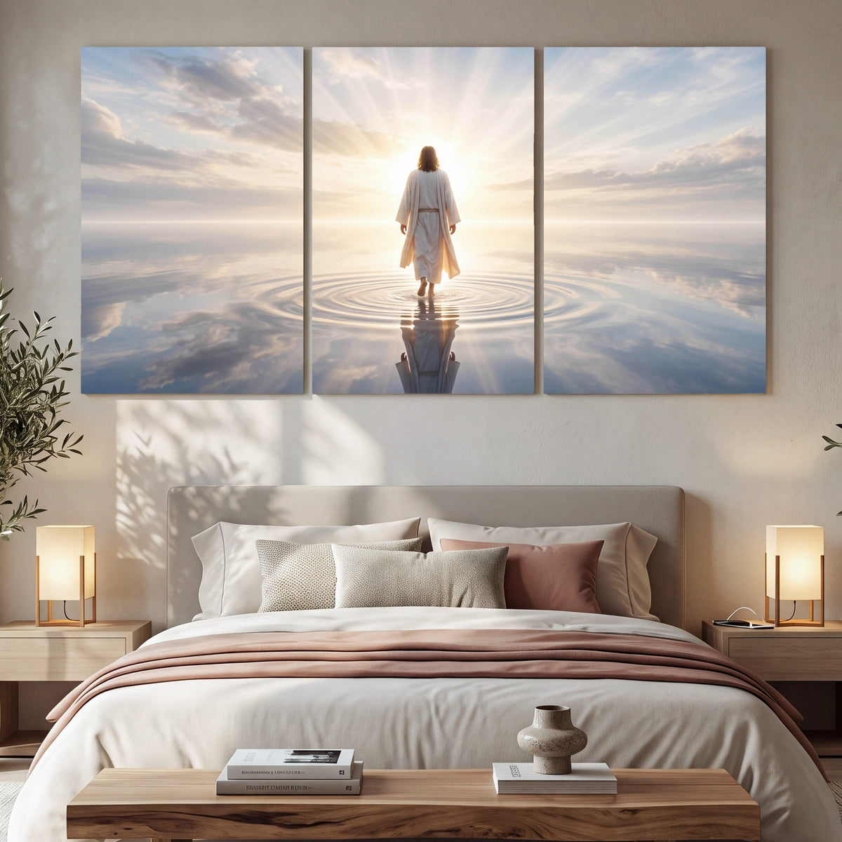 Jesus walking on water painting 3 piece canvas wall art in a bedroom above the bed