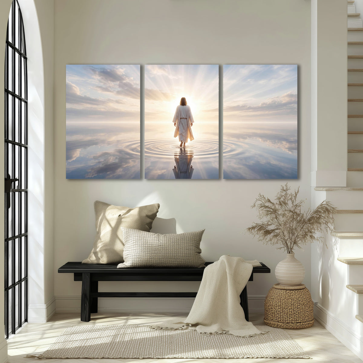 Jesus walking on water painting 3 piece canvas wall art in an entryway above a bench