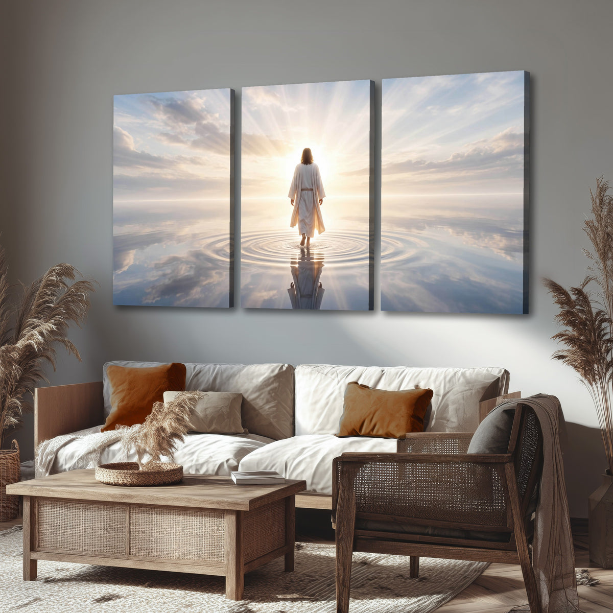 Jesus walking on water painting 3 piece canvas wall art in a rustic living room