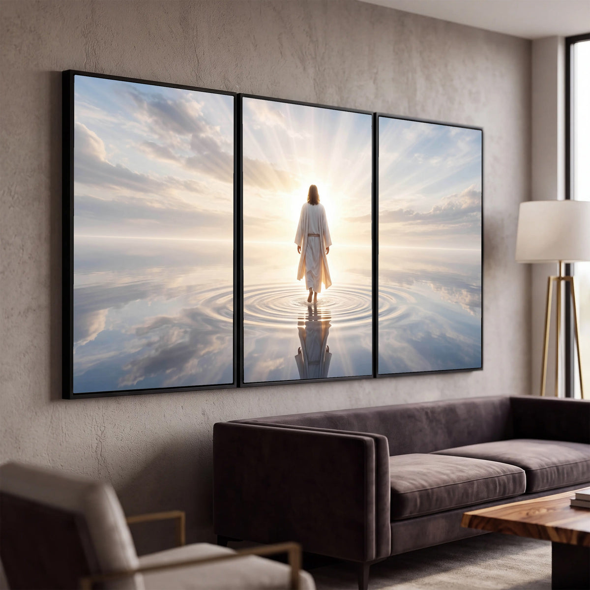 Jesus walking on water painting 3 piece canvas wall art in a modern living room