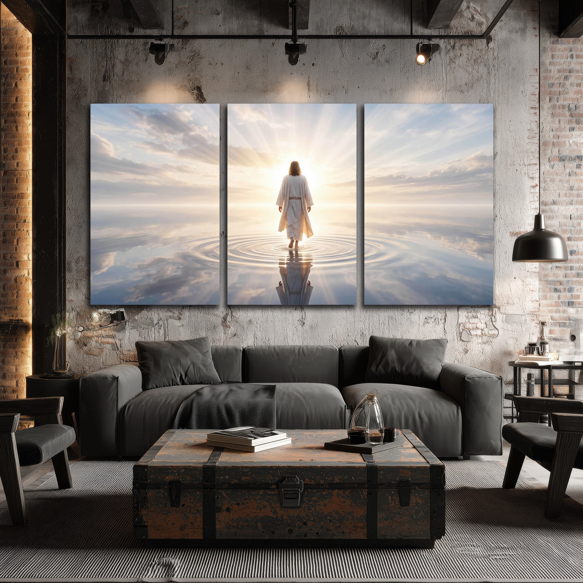 Jesus walking on water painting 3 piece canvas wall art in an industrial loft