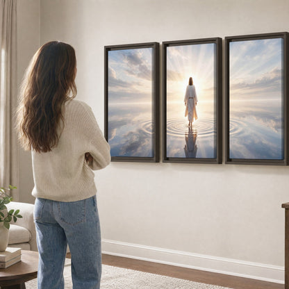 Jesus walking on water painting 3 piece framed canvas in a living room