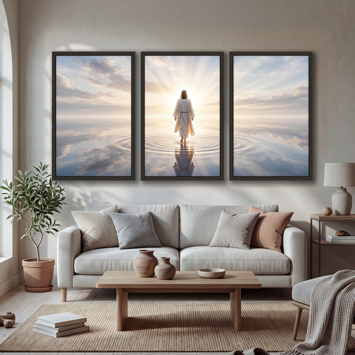 Jesus walking on water painting 3 piece framed canvas in a bright living room