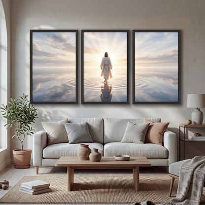 Jesus walking on water painting 3 piece framed canvas in a bright living room