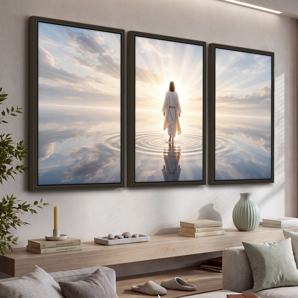 Jesus walking on water painting 3 piece framed canvas in a living room above a console