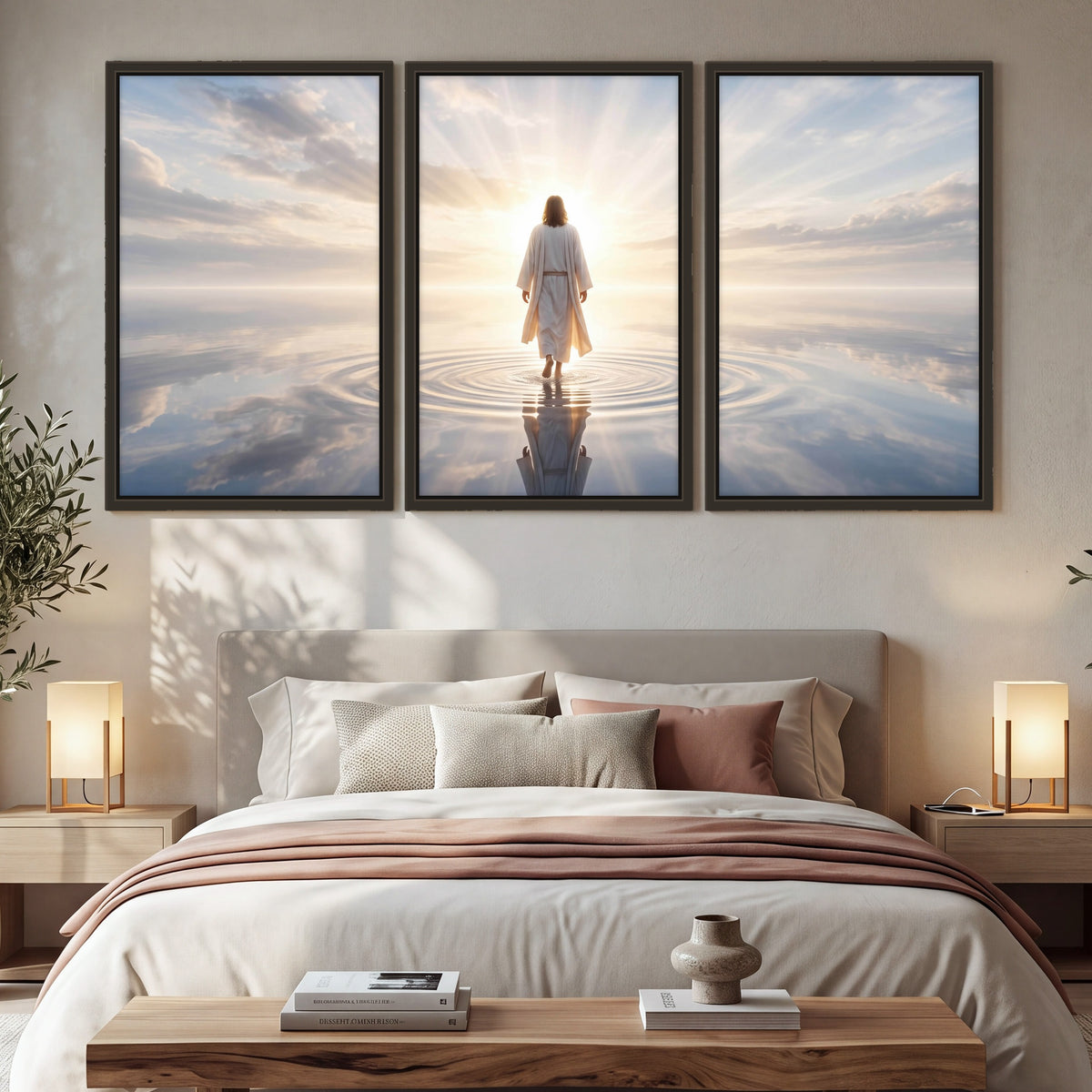 Jesus walking on water painting 3 piece framed canvas in a bedroom above the bed