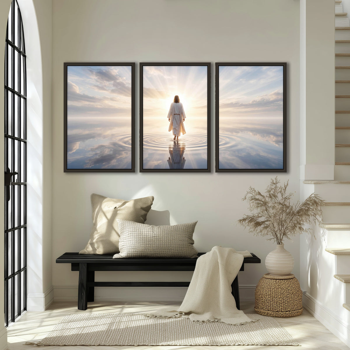 Jesus walking on water painting 3 piece framed canvas in an entryway above a bench