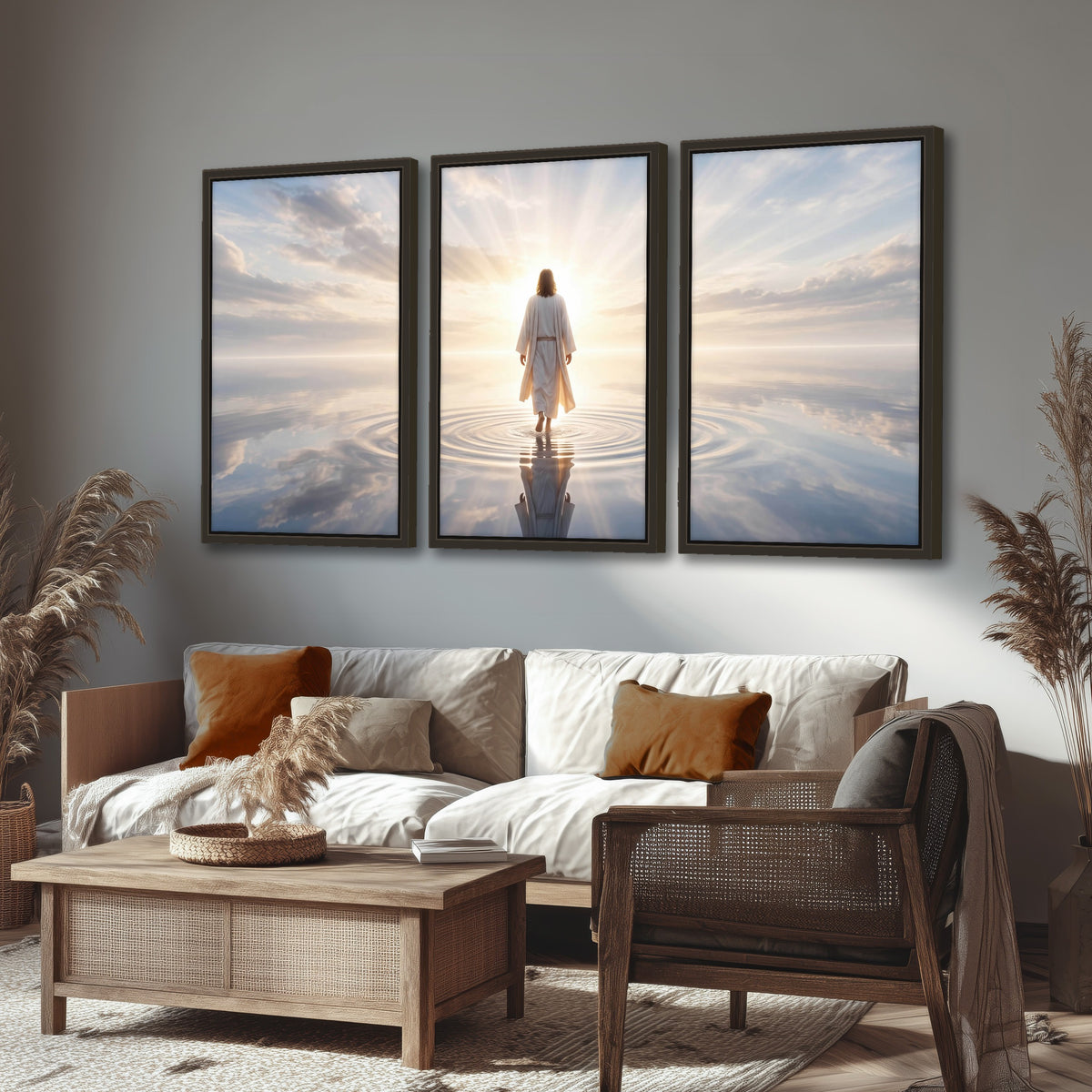 Jesus walking on water painting 3 piece framed canvas in a rustic living room