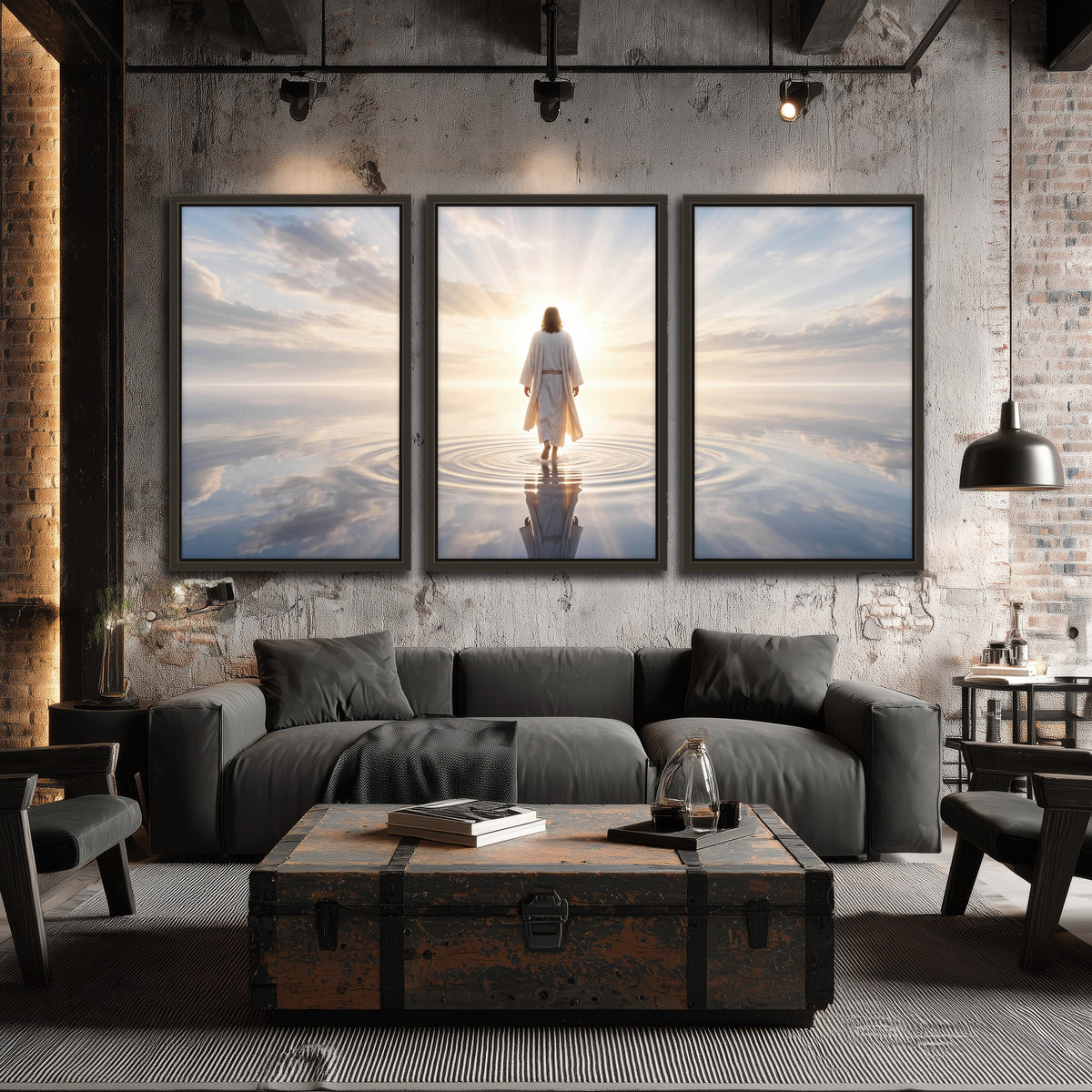 Jesus walking on water painting 3 piece framed canvas in an industrial loft