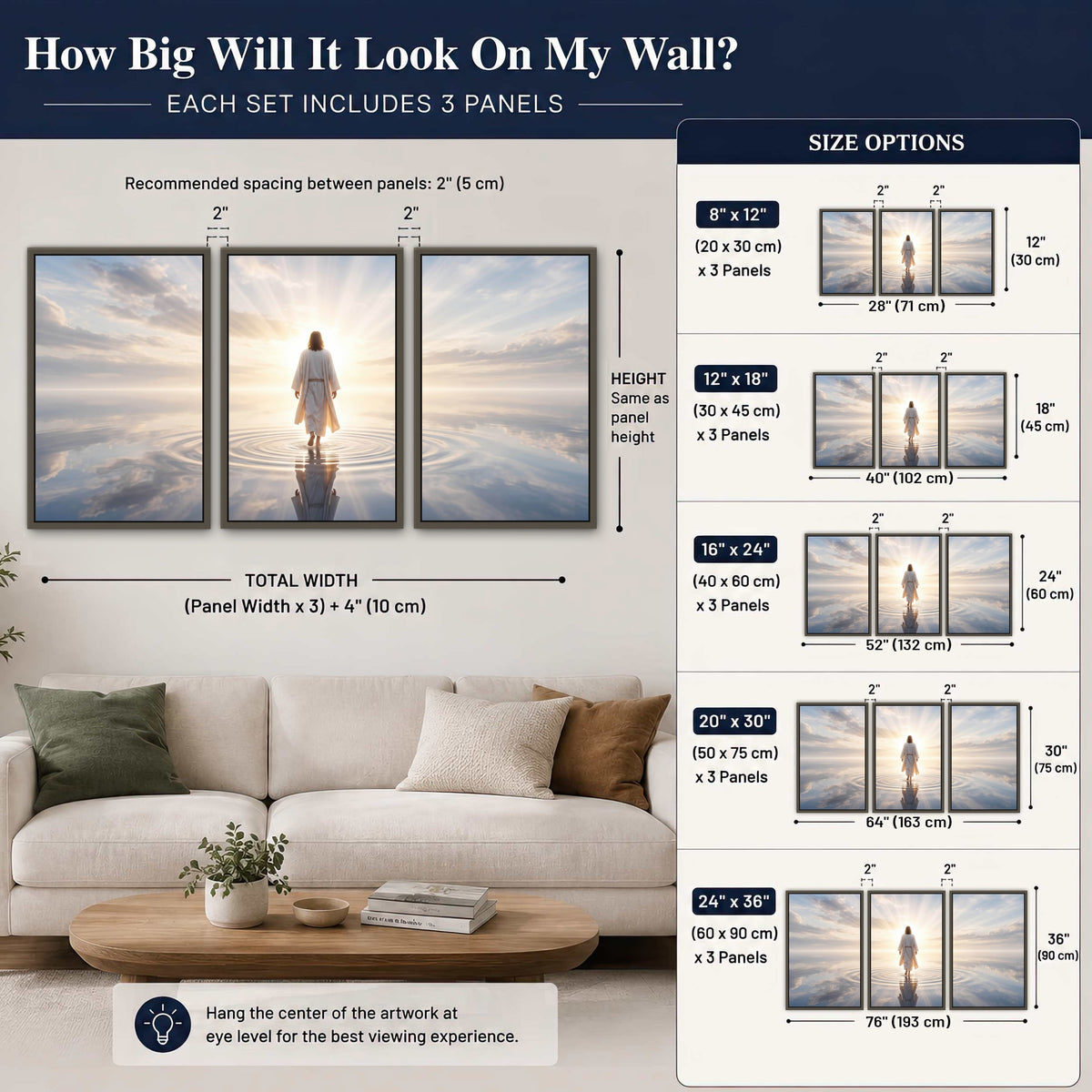 Jesus walking on water painting 3 piece framed canvas size guide above a sofa