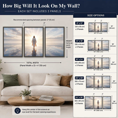 Jesus walking on water painting 3 piece framed canvas size guide above a sofa