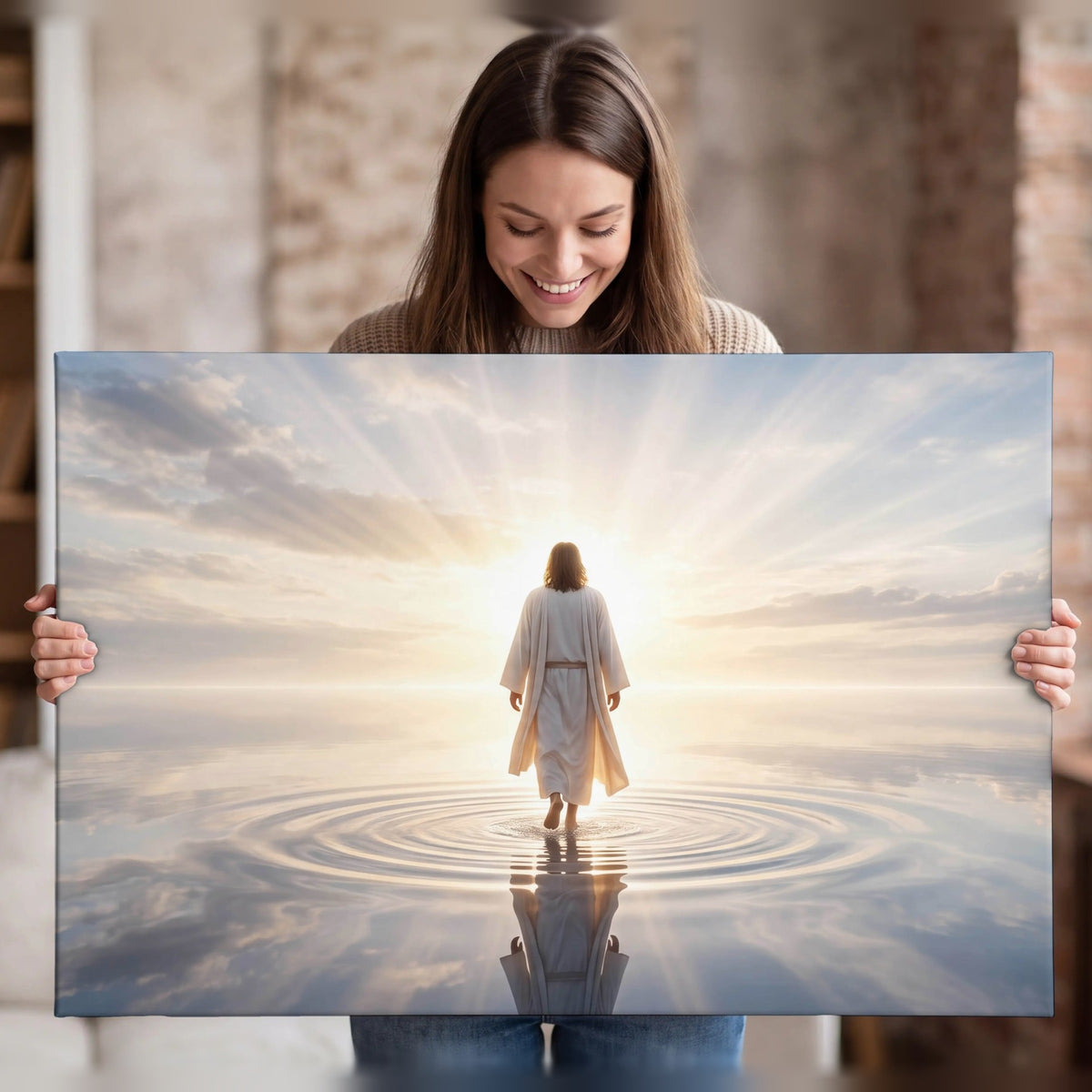 Jesus walking on water painting canvas wall art held in hands