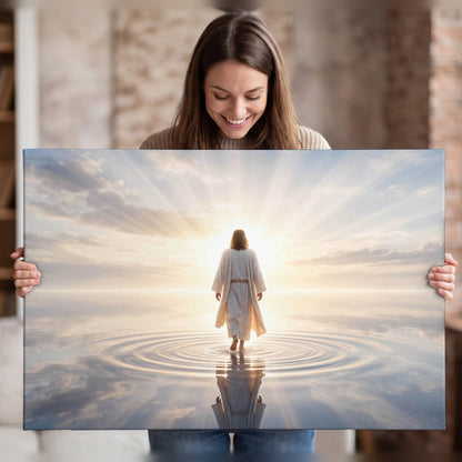 Jesus walking on water painting canvas wall art held in hands