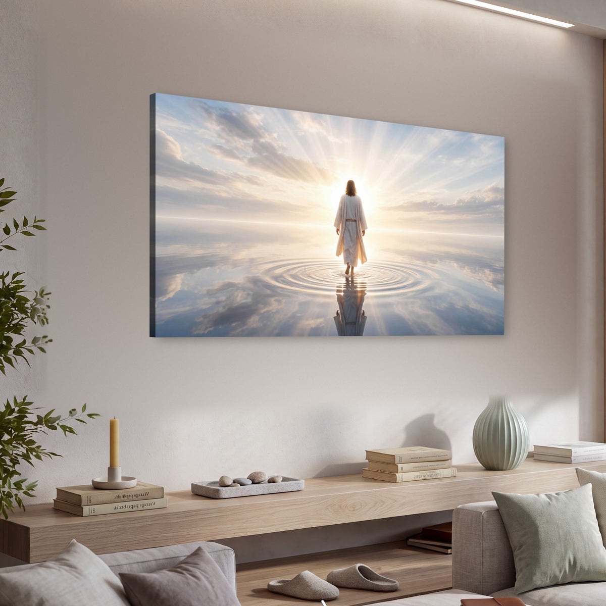 Jesus walking on water painting canvas wall art in a living room above a console