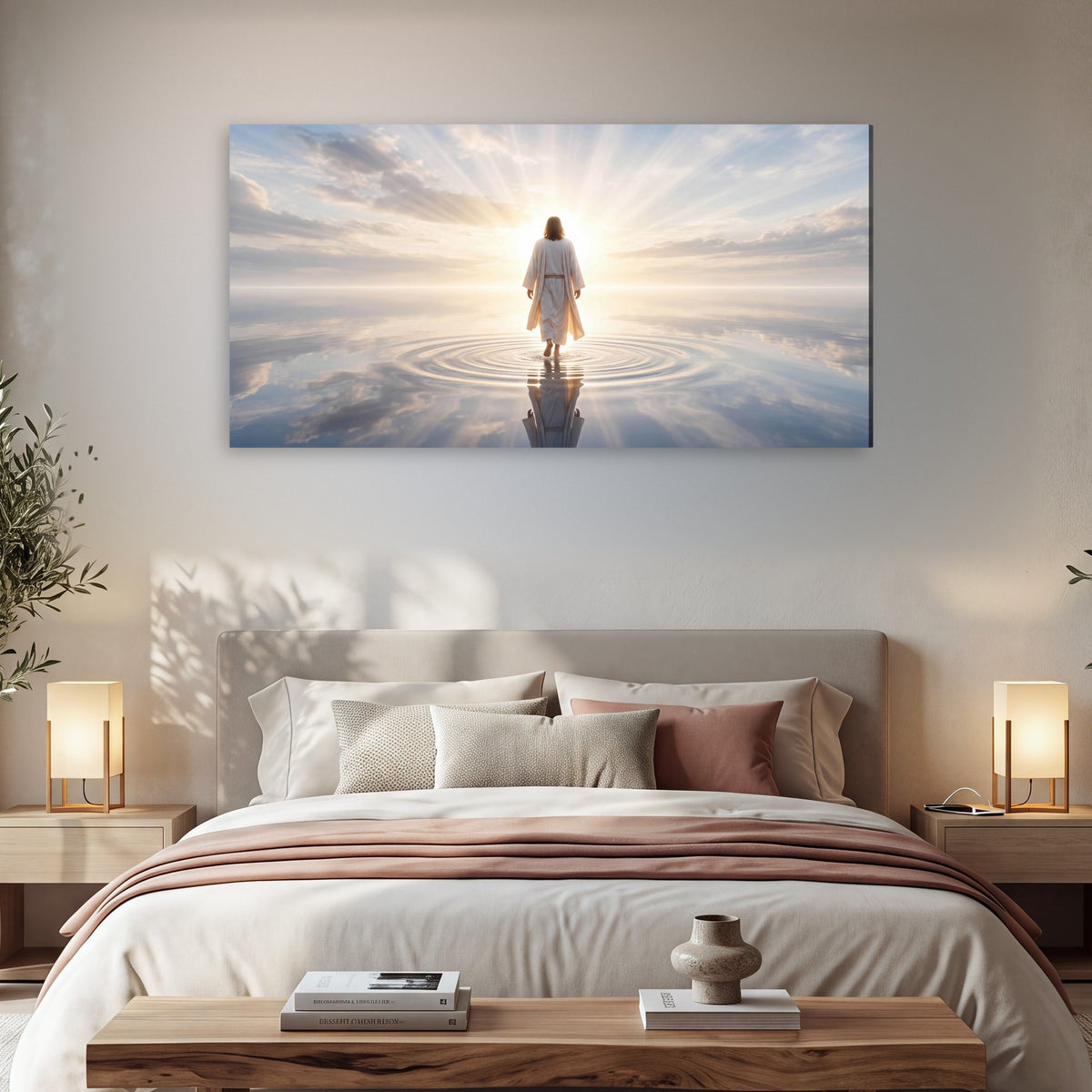 Jesus walking on water painting canvas wall art in a bedroom above the bed