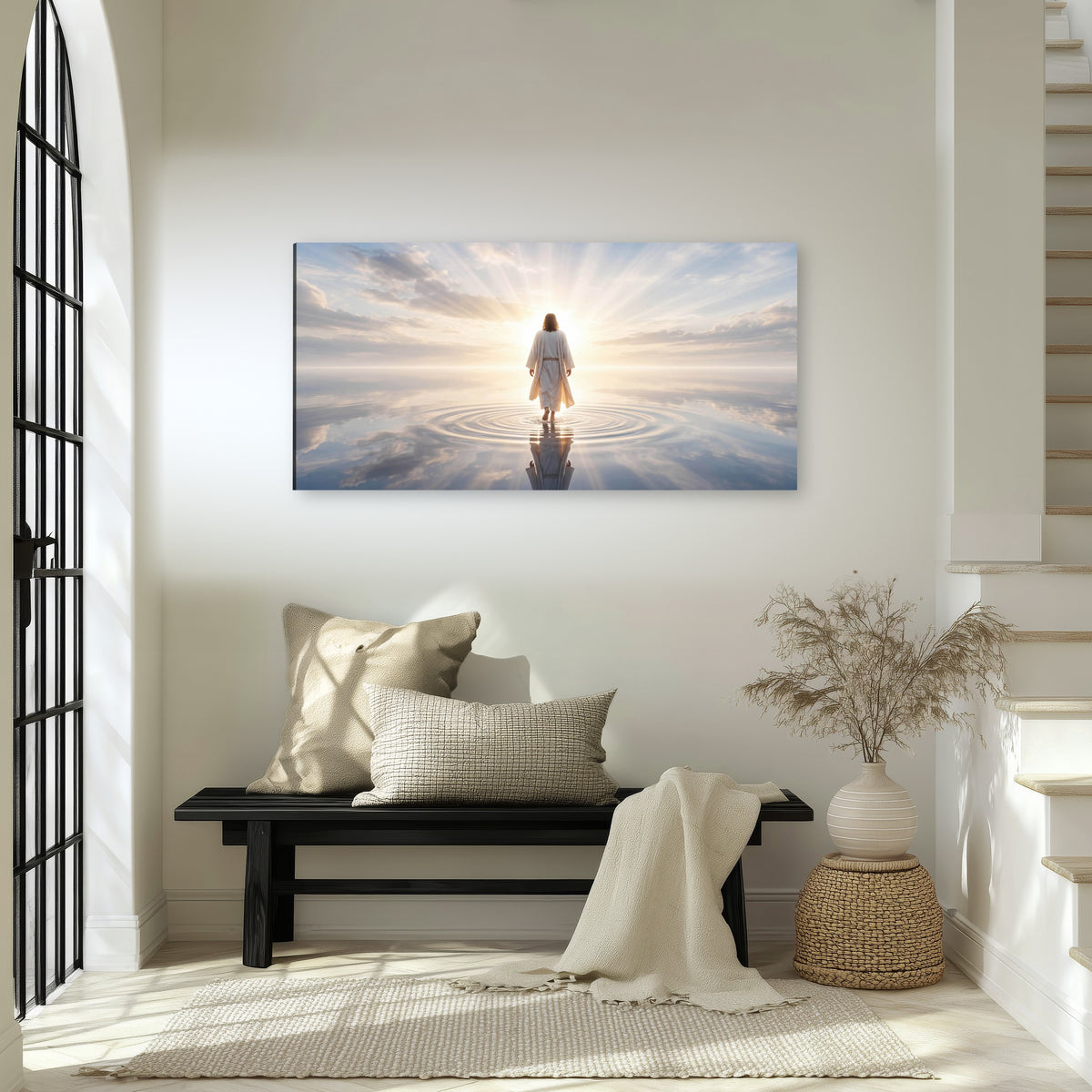 Jesus walking on water painting canvas wall art in an entryway above a bench