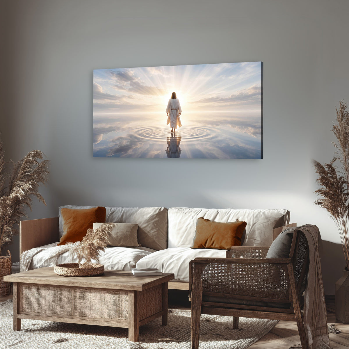 Jesus walking on water painting canvas wall art in a rustic living room