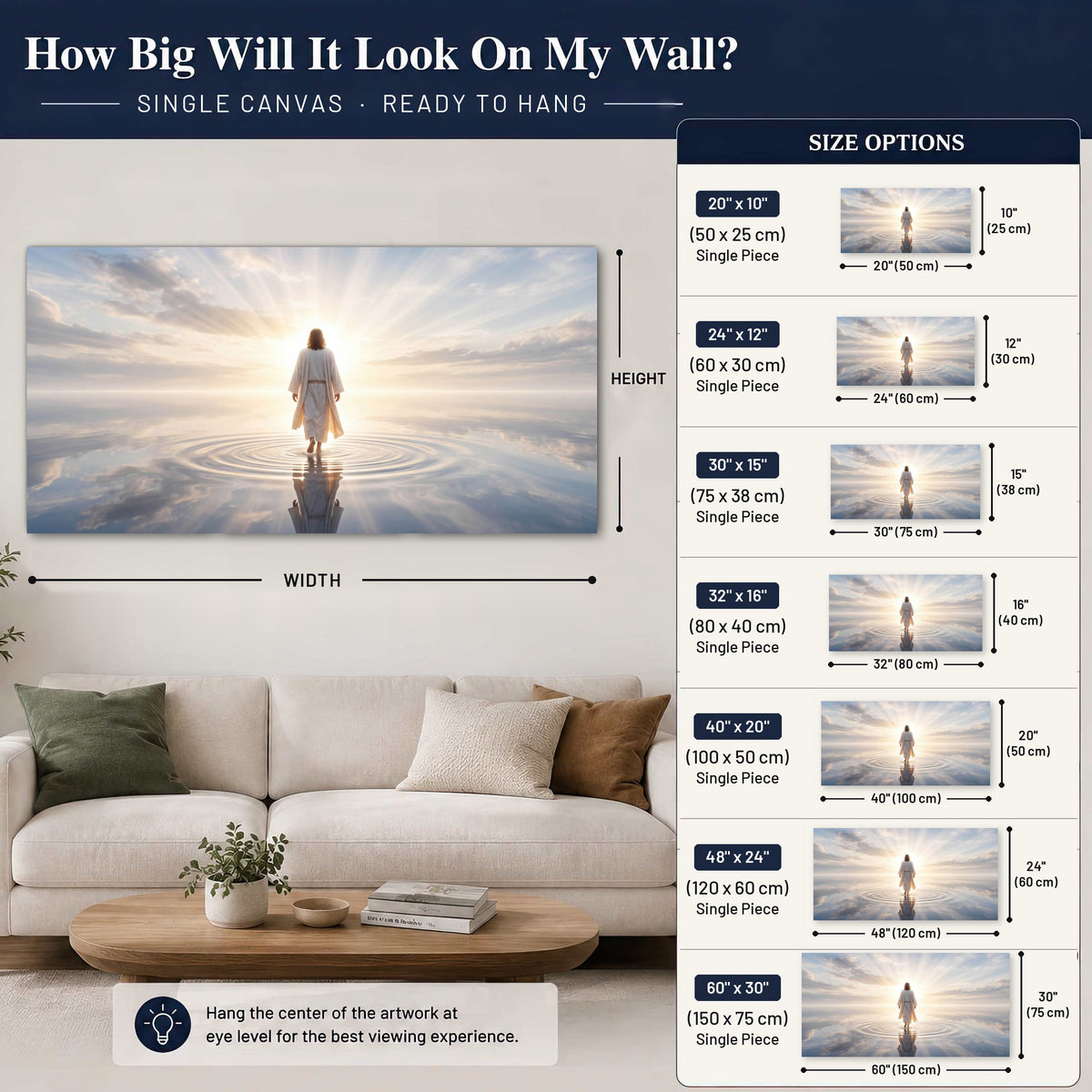 Jesus walking on water painting canvas wall art size guide above a sofa