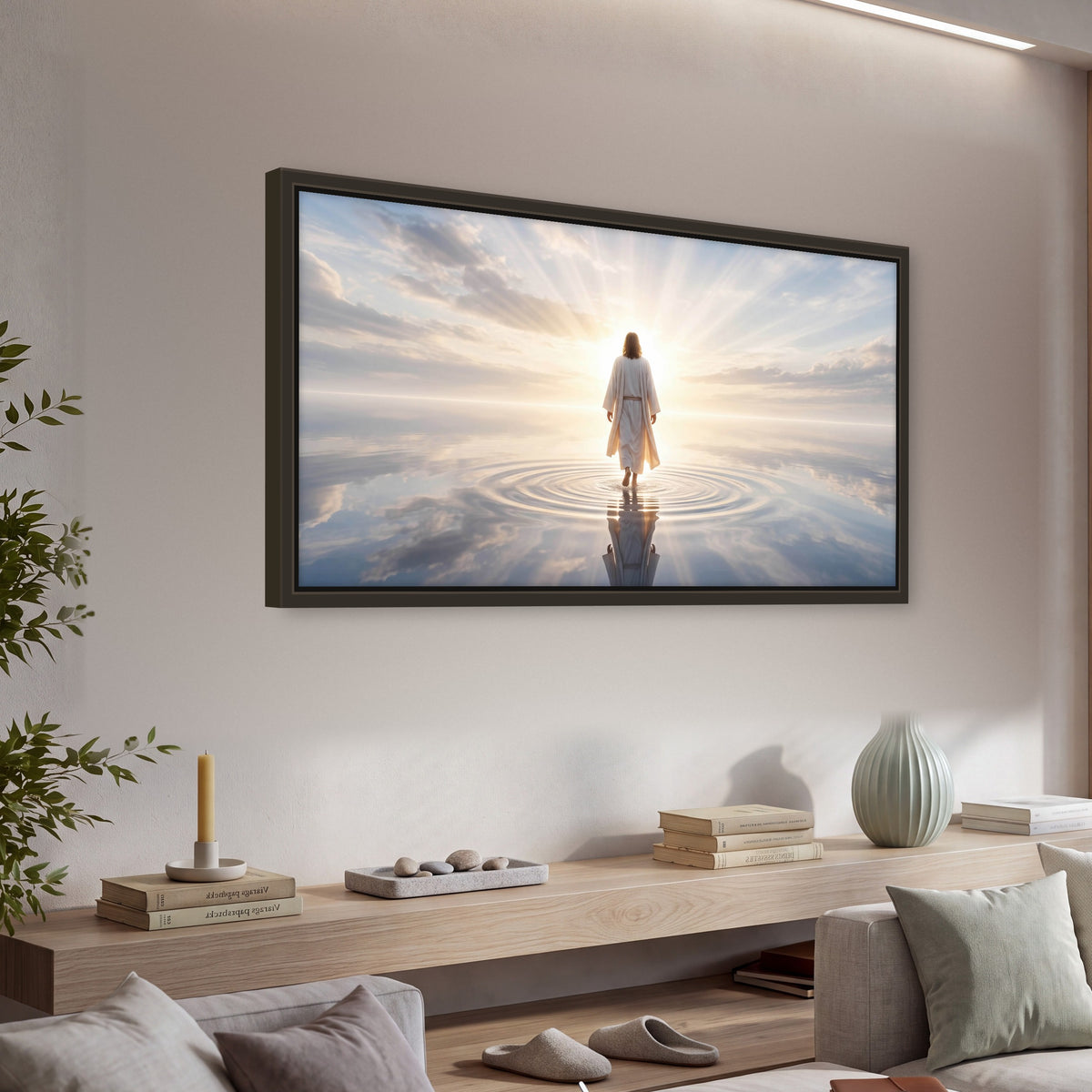 Jesus walking on water painting framed canvas wall art in a living room above a console