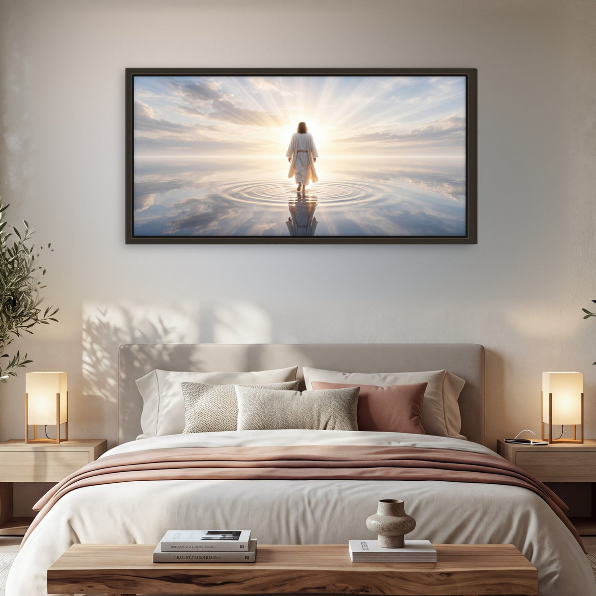 Jesus walking on water painting framed canvas wall art in a bedroom above the bed