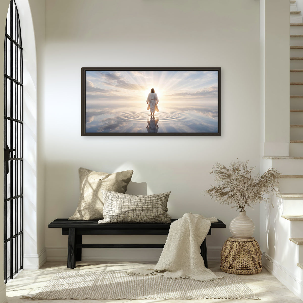 Jesus walking on water painting framed canvas wall art in an entryway above a bench