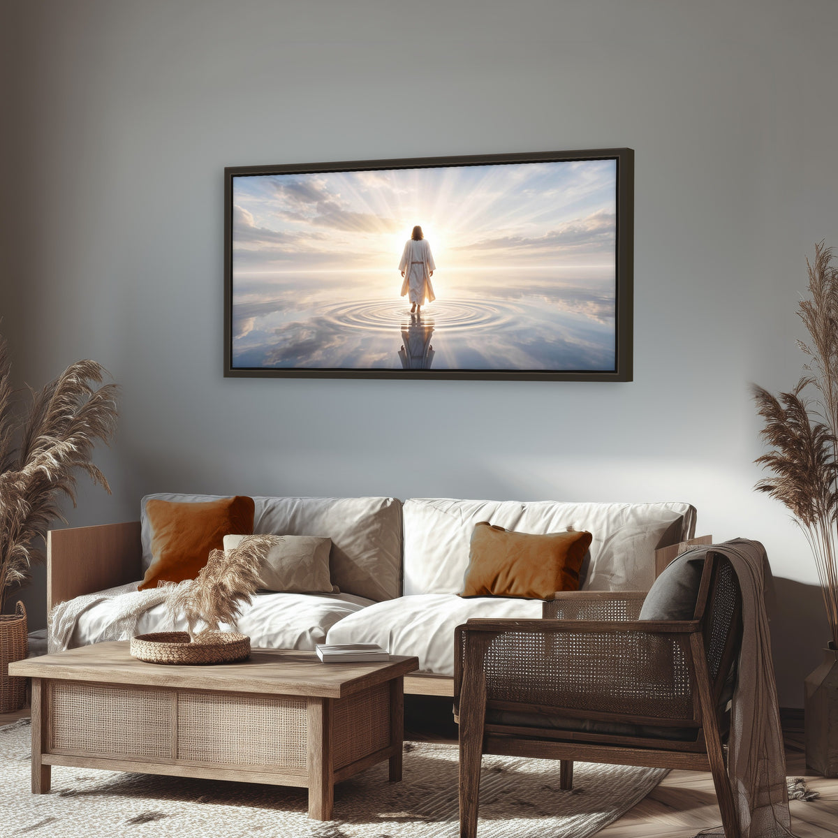 Jesus walking on water painting framed canvas wall art in a rustic living room