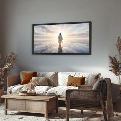 Jesus walking on water painting framed canvas wall art in a rustic living room