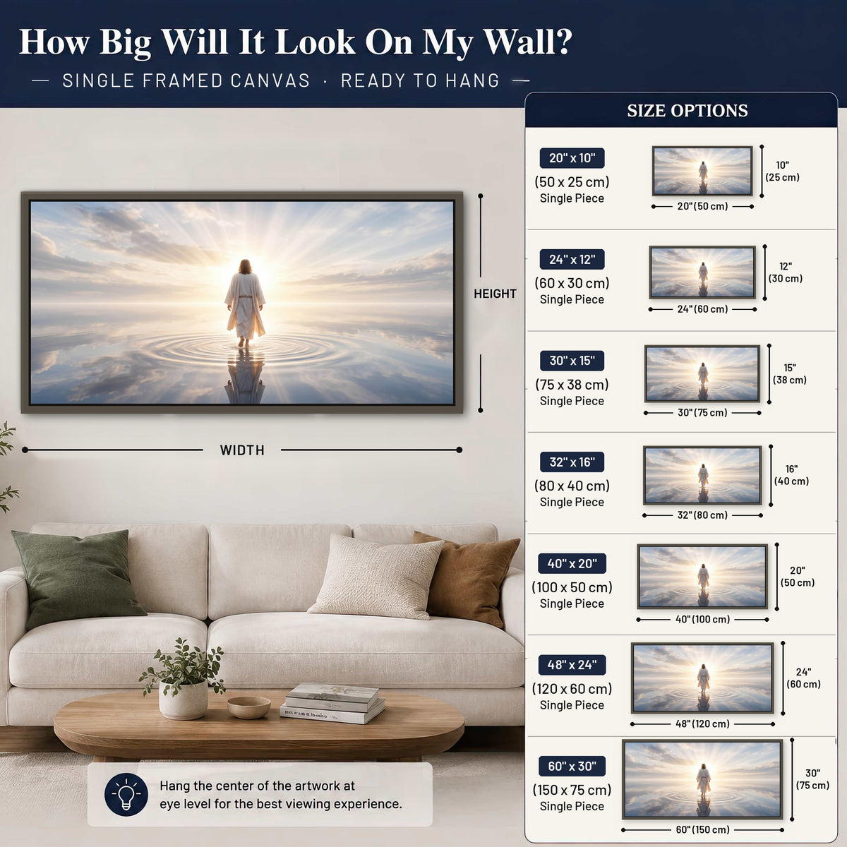 Jesus walking on water painting framed canvas wall art size guide above a sofa