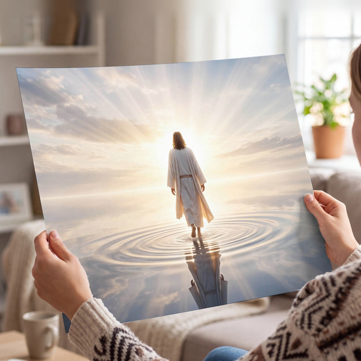 Jesus walking on water painting poster print held in hands