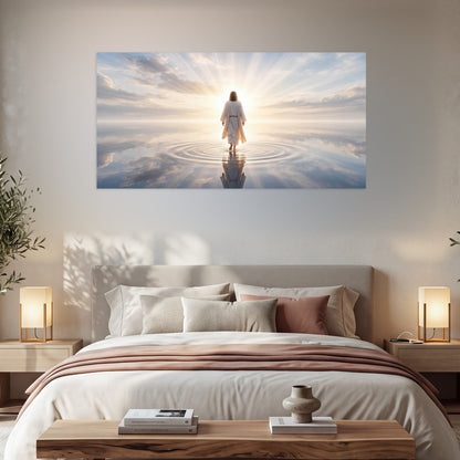 Jesus walking on water painting poster print in a bedroom above the bed