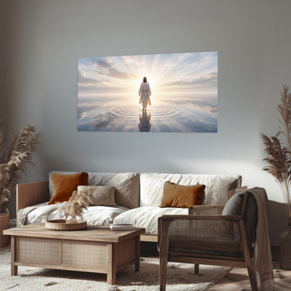 Jesus walking on water painting poster print in a rustic living room