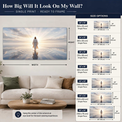Jesus walking on water painting poster print size guide above a sofa