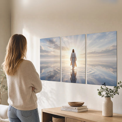 Jesus walking on water painting set of 3 poster prints in a living room