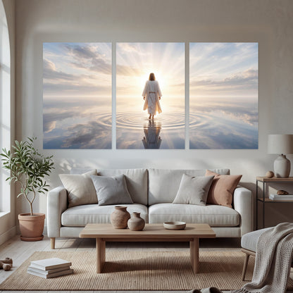 Jesus walking on water painting set of 3 poster prints in a bright living room