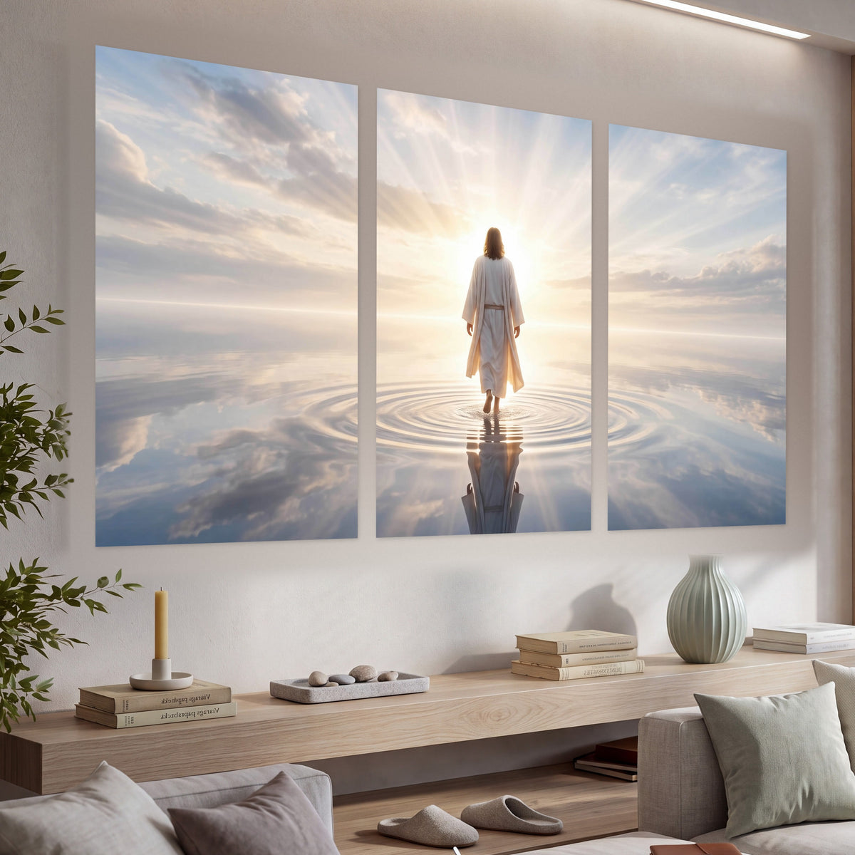Jesus walking on water painting set of 3 poster prints in a living room above a console