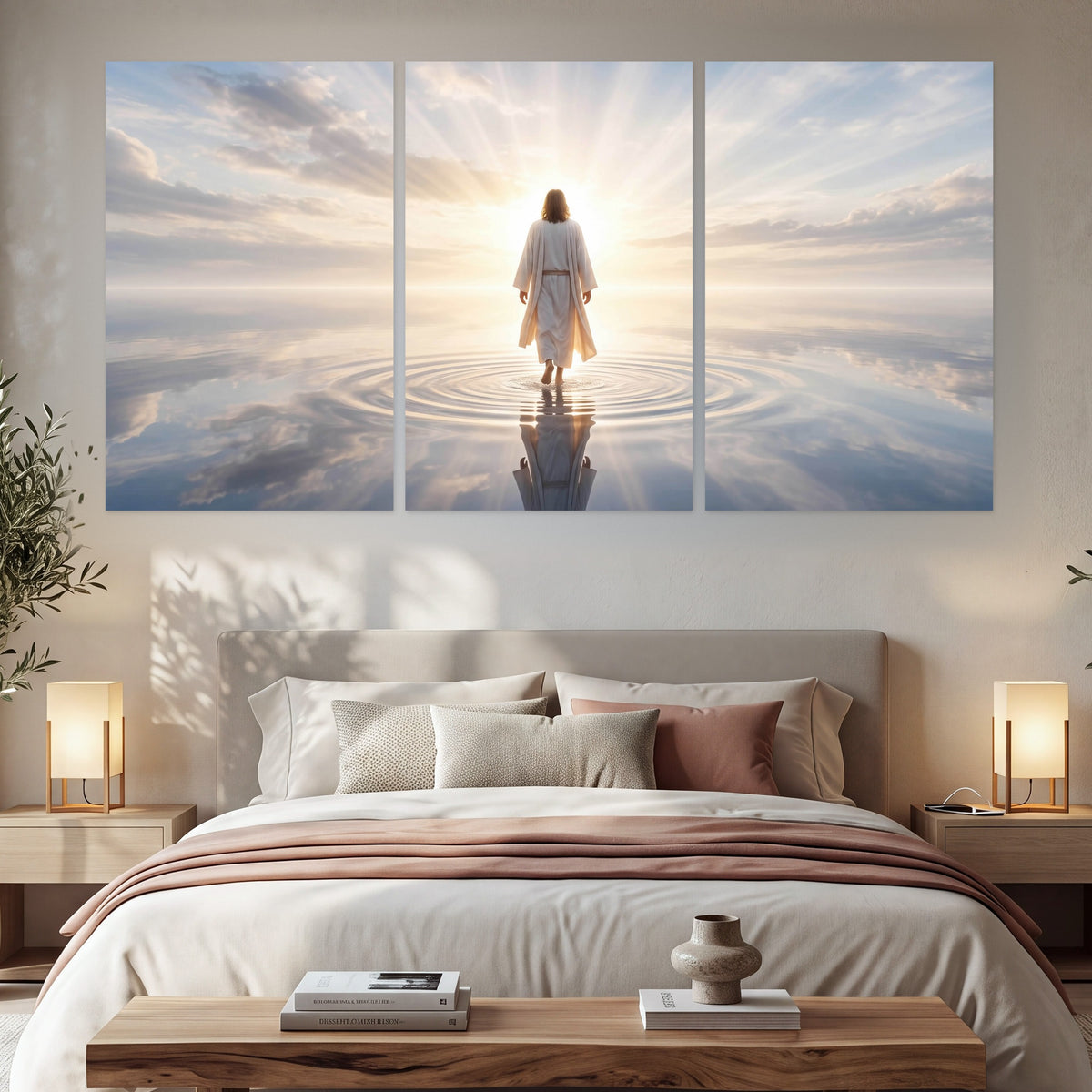 Jesus walking on water painting set of 3 poster prints in a bedroom above the bed