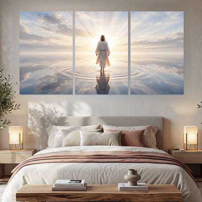 Jesus walking on water painting set of 3 poster prints in a bedroom above the bed